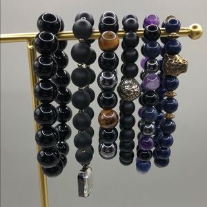 Bundle 6 black stone gemstone lapis lion leopard crystal charms bracelets UNISEX